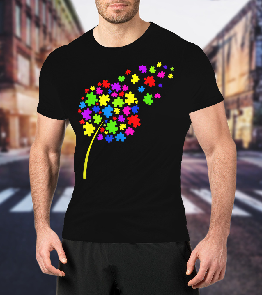 Dandelion Puzzle Pieces Multicolor Autism Awareness T-Shirt