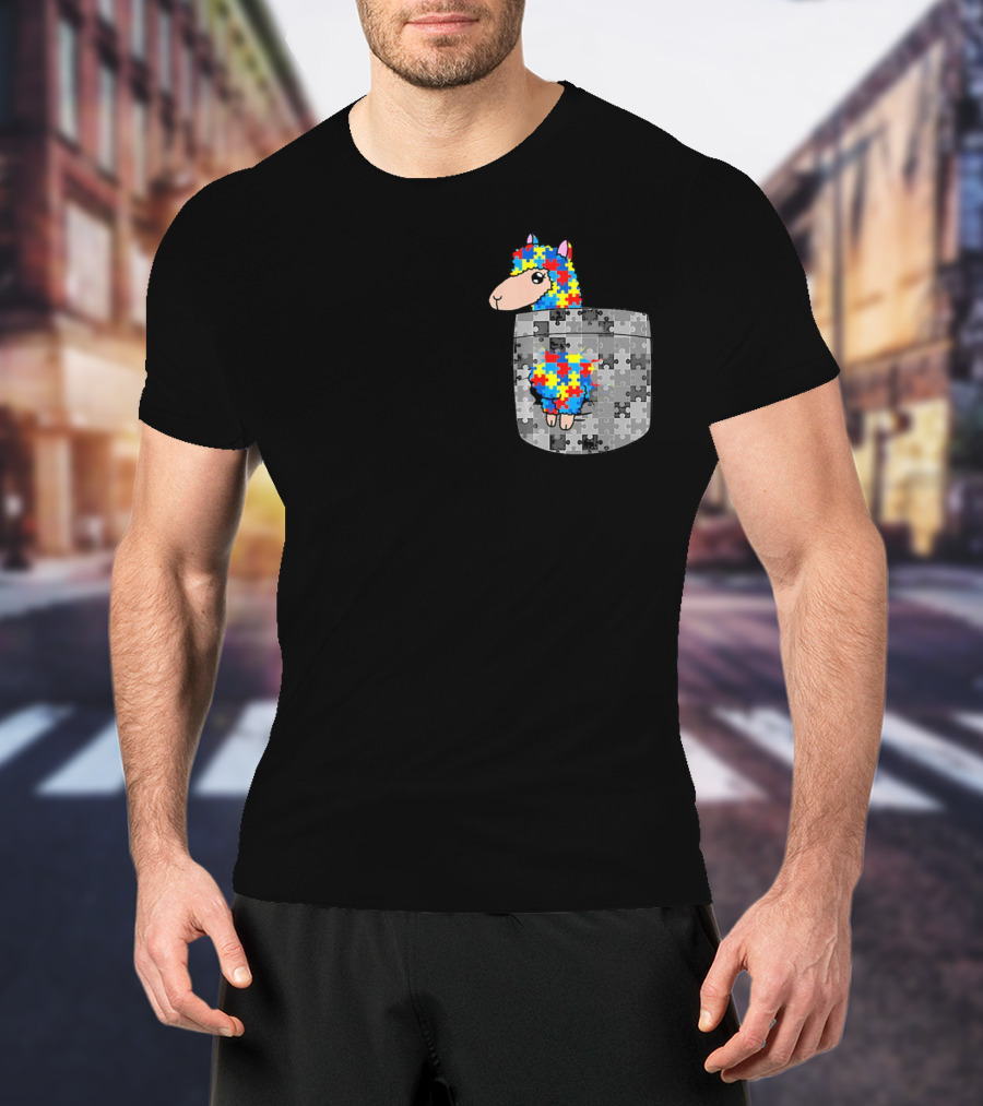 Funny Puzzle Pocket Llama Autism Awareness T-Shirt