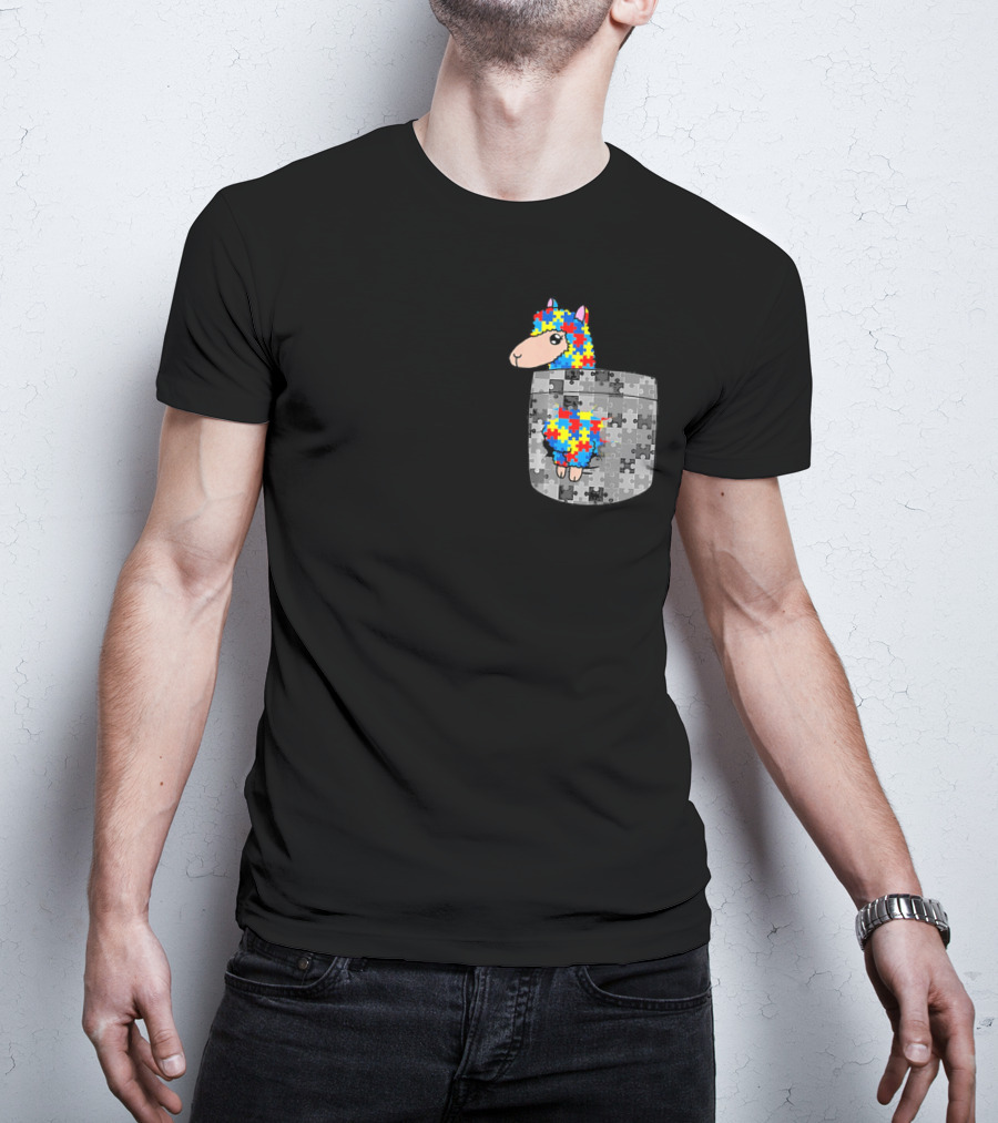 Funny Puzzle Pocket Llama Autism Awareness T-Shirt