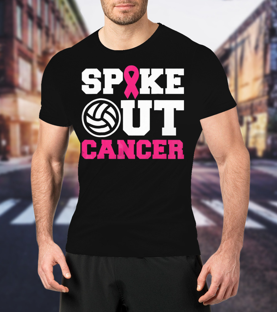 Volleyball Spike Out Cancer Pink Ribbon Breast Cancer Awareness T-Shirt