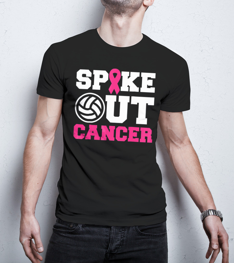 Volleyball Spike Out Cancer Pink Ribbon Breast Cancer Awareness T-Shirt