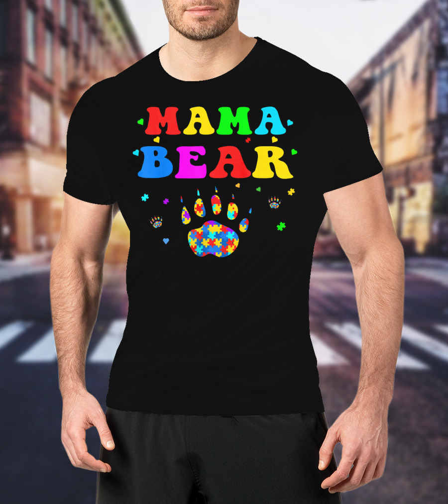 Mama Bear Autism Awareness Paw Puzzle Pieces T-Shirt