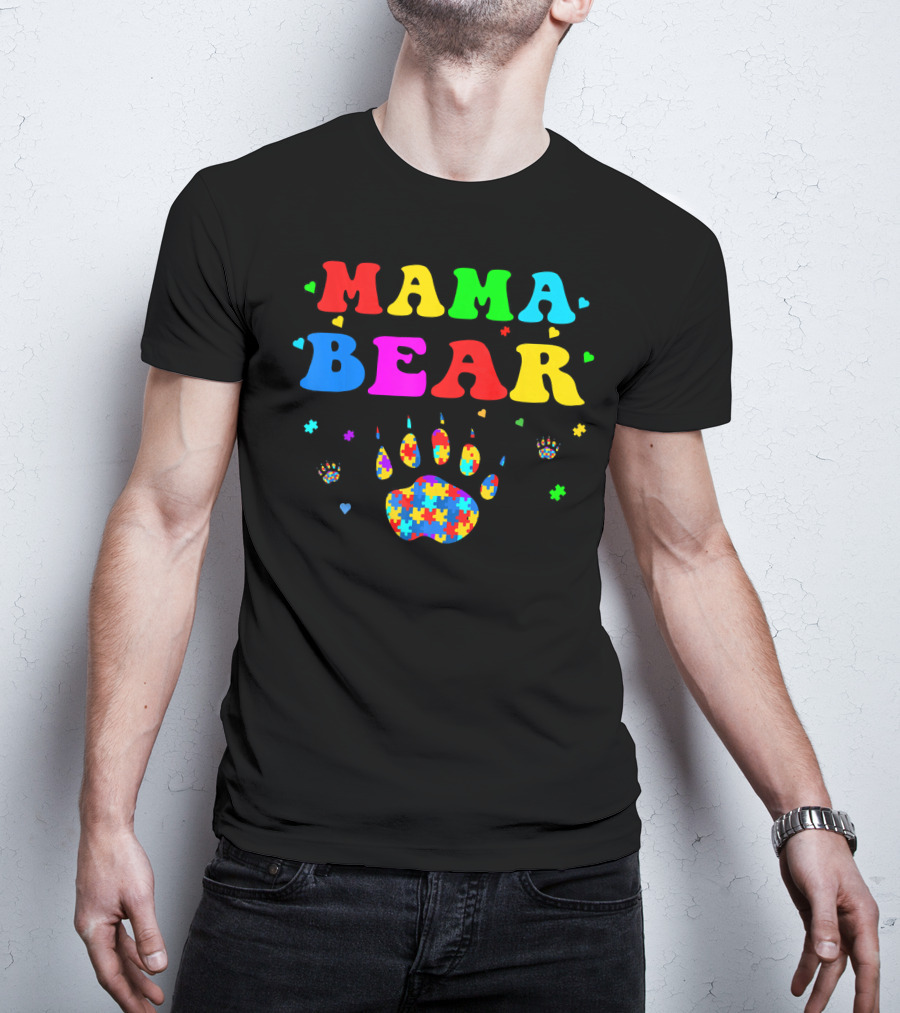 Mama Bear Autism Awareness Paw Puzzle Pieces T-Shirt