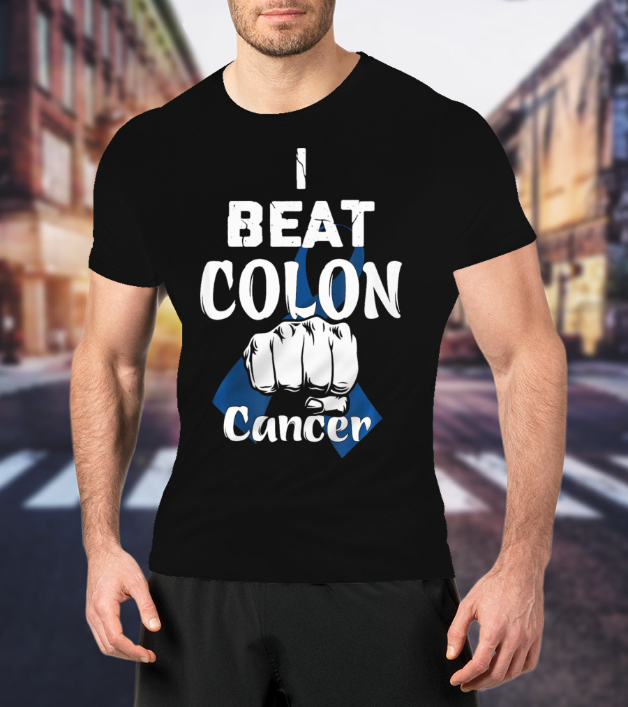 I Beat Colon Cancer Fist Blue T-Shirt