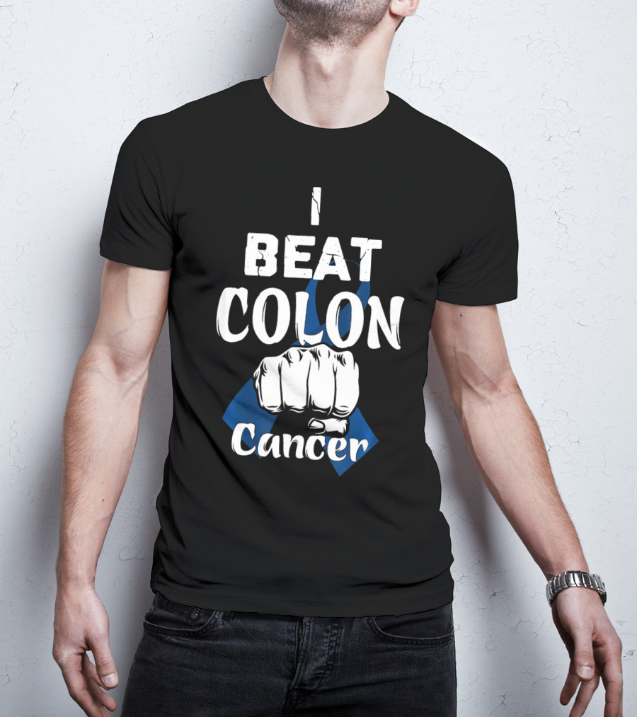 I Beat Colon Cancer Fist Blue T-Shirt