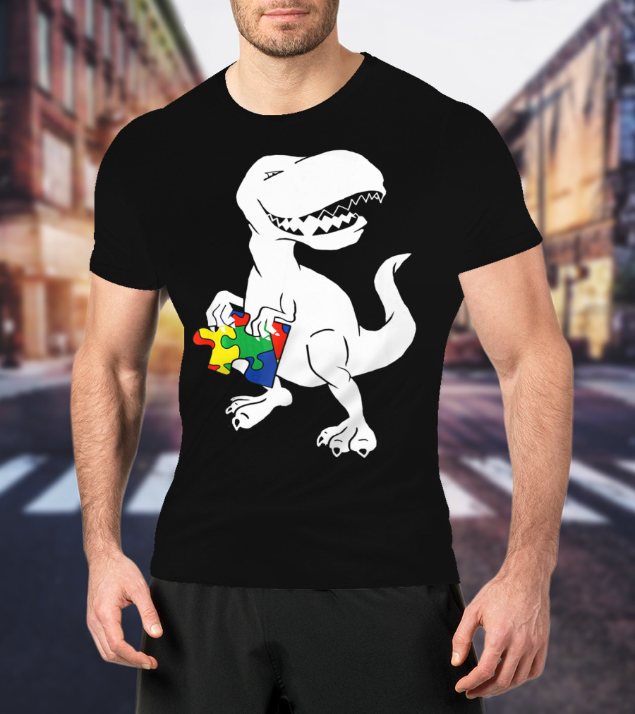 Dinosaur Holding Autism Puzzle Piece Awareness For Tyra T-Shirt