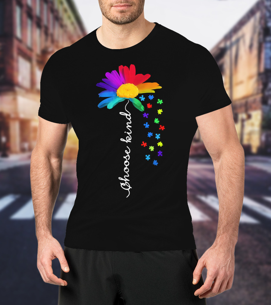 Choose Kind Autism Awareness Rainbow Daisy Puzzle Pieces T-Shirt