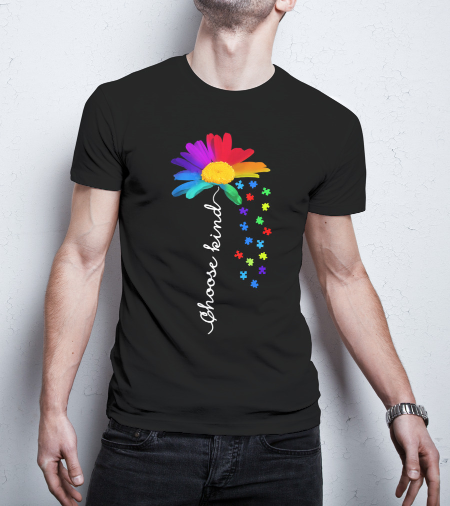 Choose Kind Autism Awareness Rainbow Daisy Puzzle Pieces T-Shirt