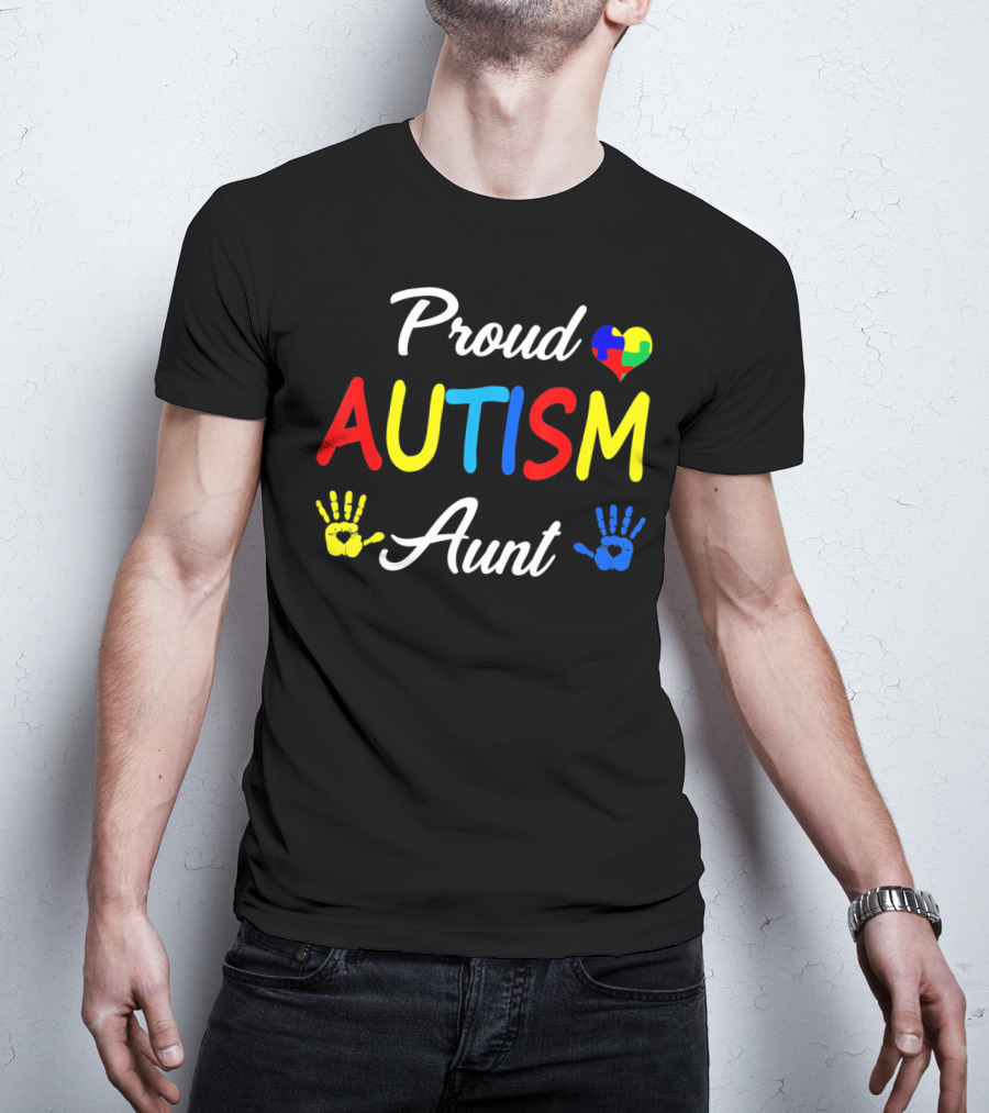 Proud Aunt Autism Awareness Family Handprint Heart Puzzle T-Shirt