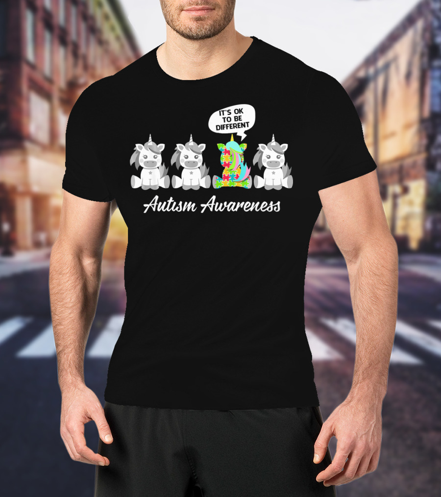 Autism Awareness Unicorn It's OK To Be Different With Puzzle Piece T-Shirt