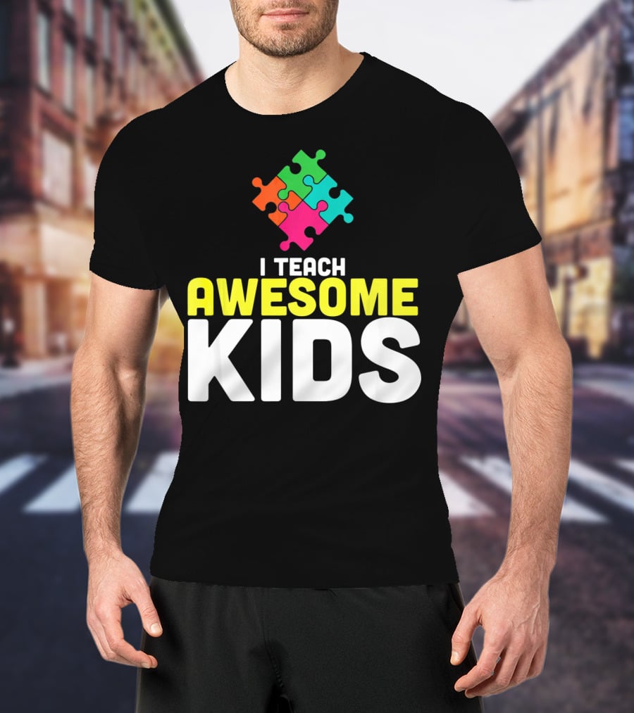 I Teach Awesome Kids Autism Awareness Teacher Puzzle T-Shirt