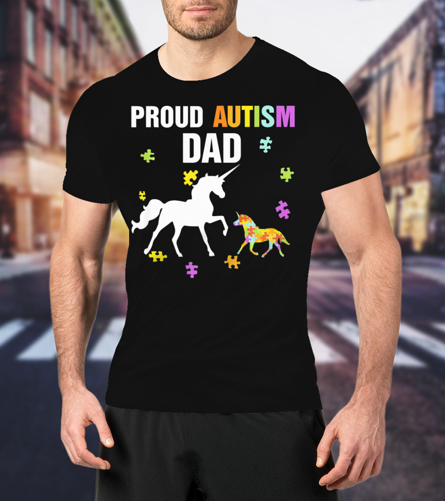Proud Autism Dad Unicorn Puzzle Autism Awareness T-Shirt