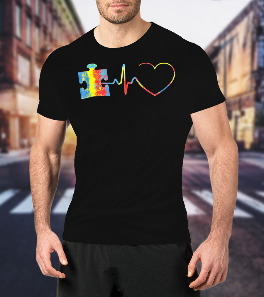 Autism Awareness Puzzle Piece With Colorful Heartbeat Line T-Shirt