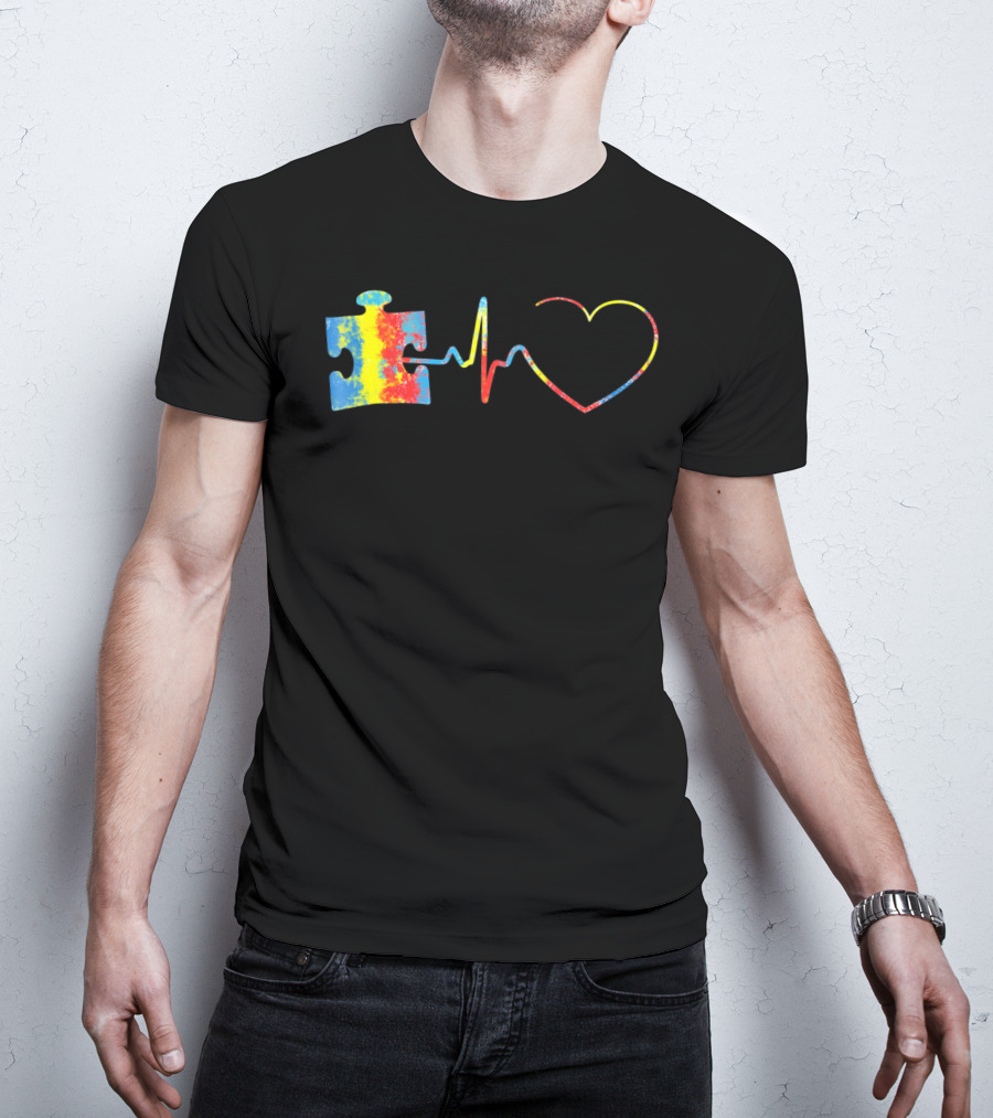 Autism Awareness Puzzle Piece With Colorful Heartbeat Line T-Shirt
