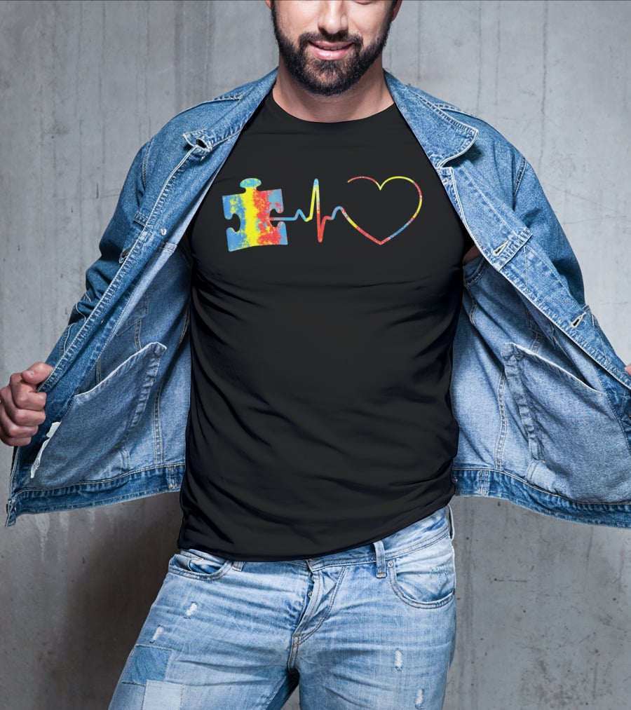 Autism Awareness Puzzle Piece With Colorful Heartbeat Line T-Shirt