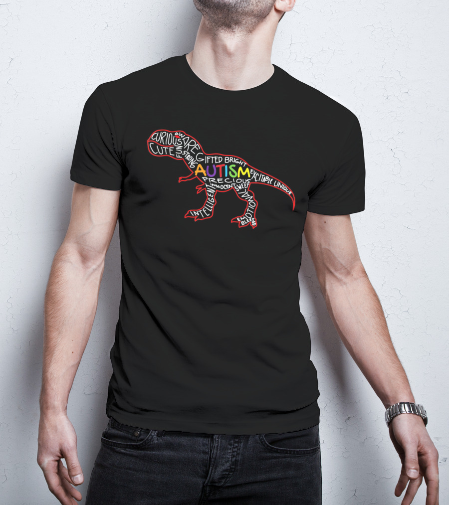 Autism Awareness Dinosaur With Positive Traits Word T-Shirt