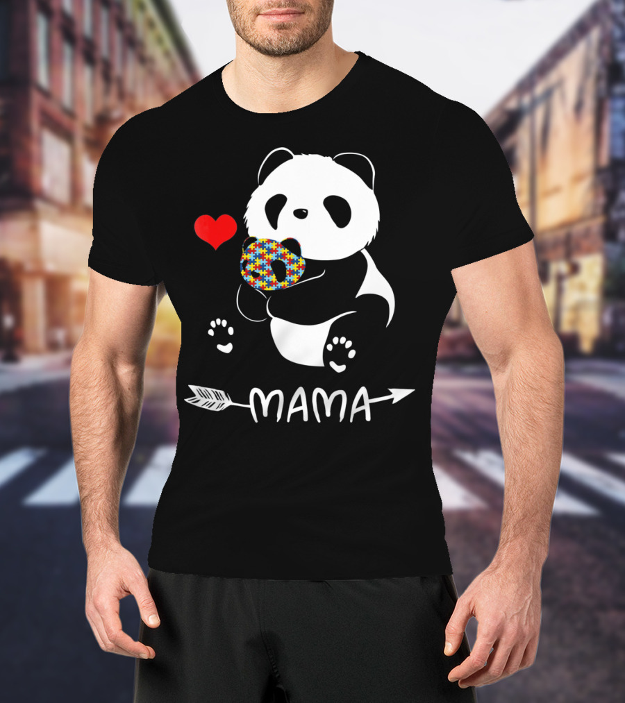 Mama Panda Bear Autism Awareness Heart Puzzle Support T-Shirt