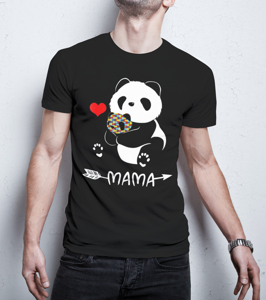 Mama Panda Bear Autism Awareness Heart Puzzle Support T-Shirt