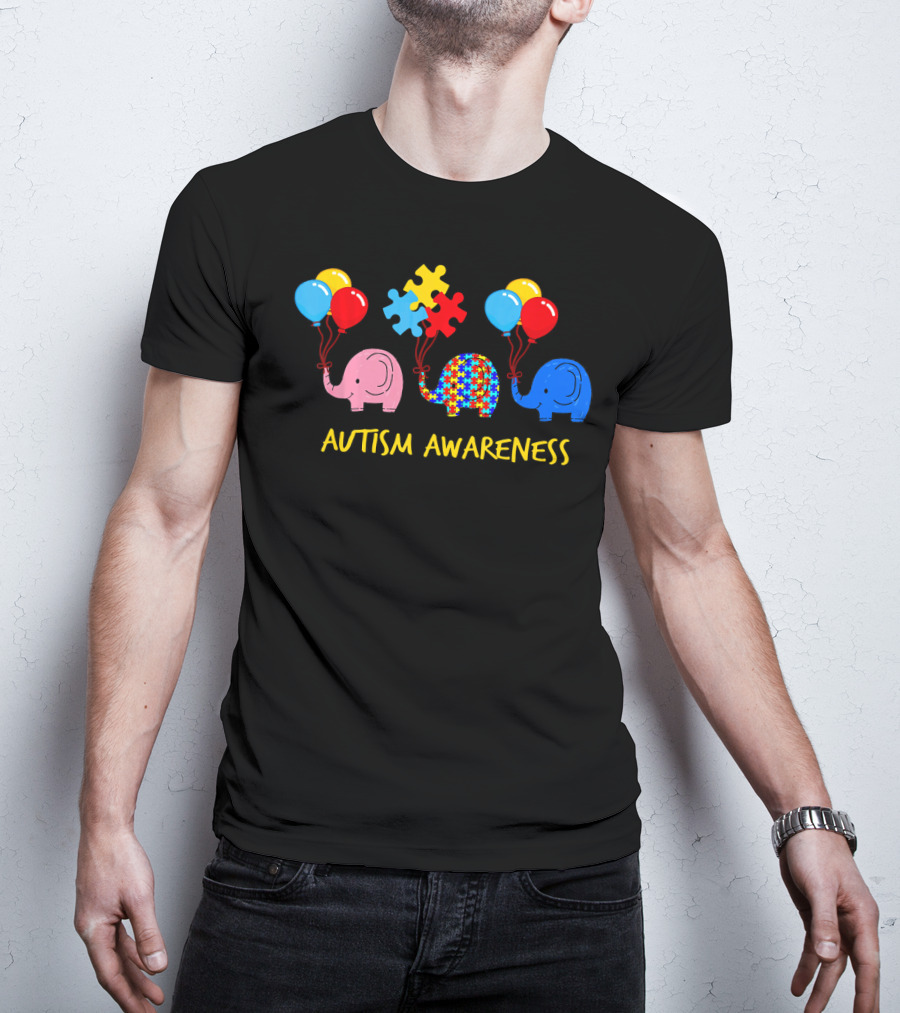 Three Elephants Autism Awareness Balloons Puzzle Pieces T-Shirt