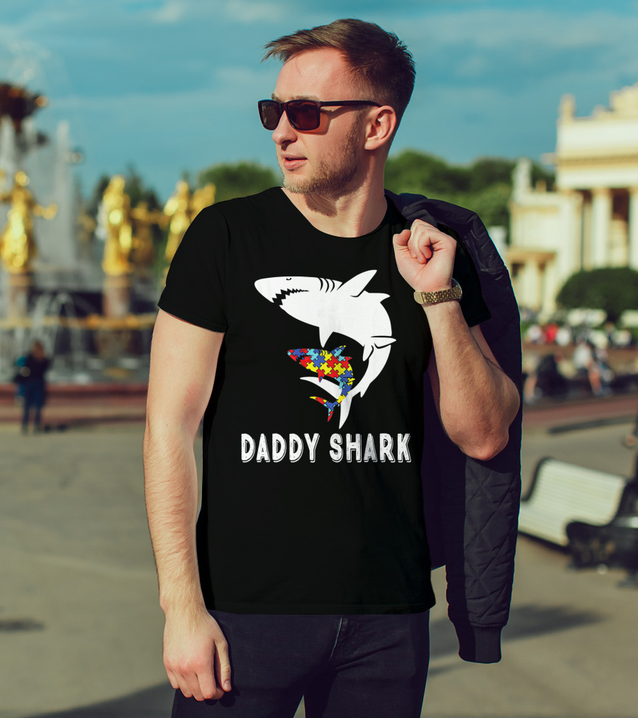 Daddy Shark Autism Awareness Puzzle Piece Sharks T-Shirt