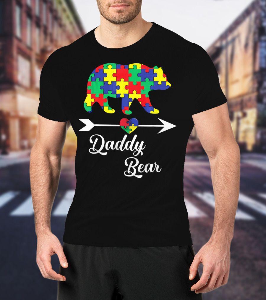 Daddy Bear Puzzle Heart Arrow Autism Awareness Dad T-Shirt