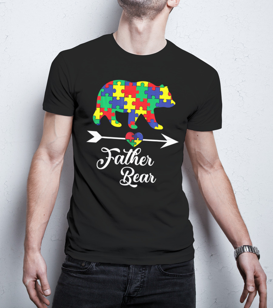 Father Bear Puzzle Autism Awareness Dad Arrow And Heart T-Shirt