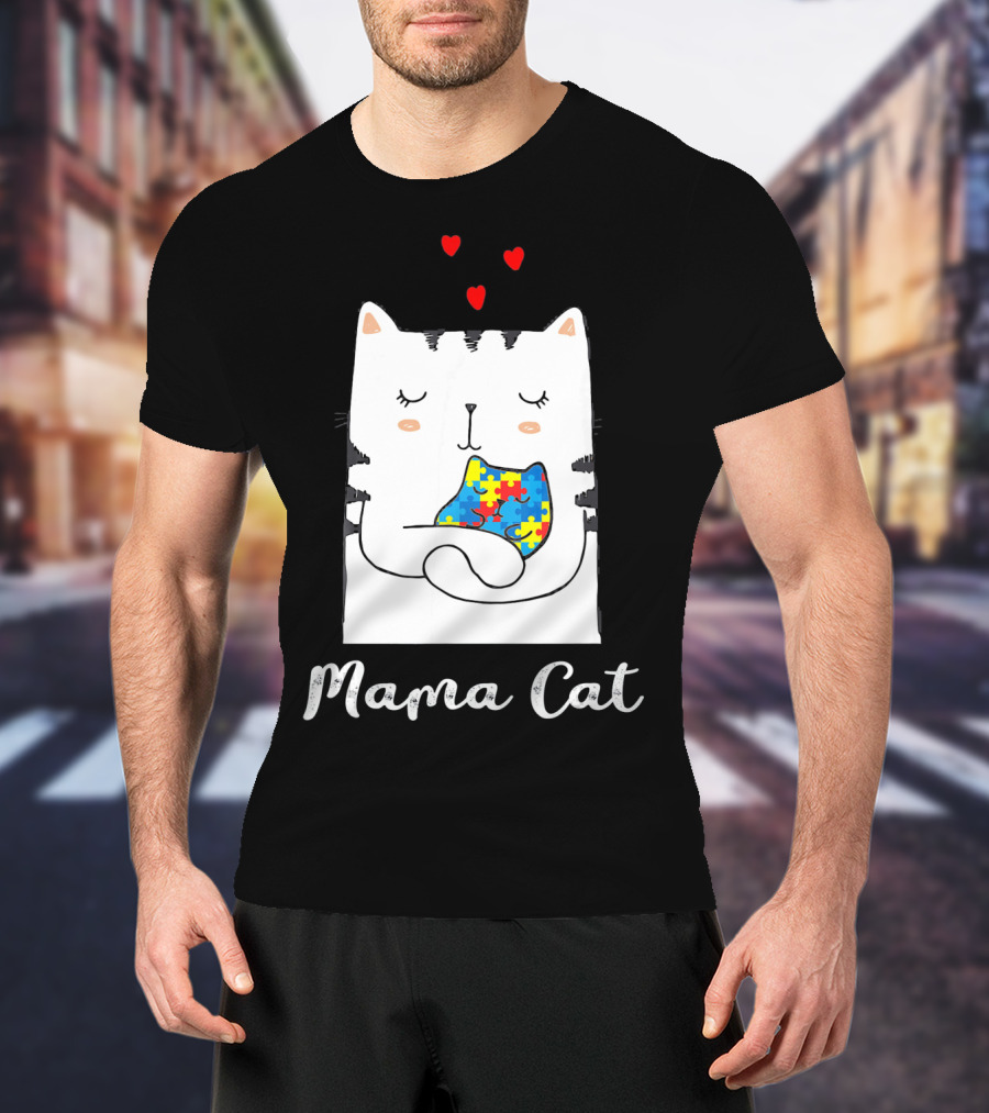 Proud Autism Awareness Mama Cat Hugging Puzzle Piece Hearts T-Shirt