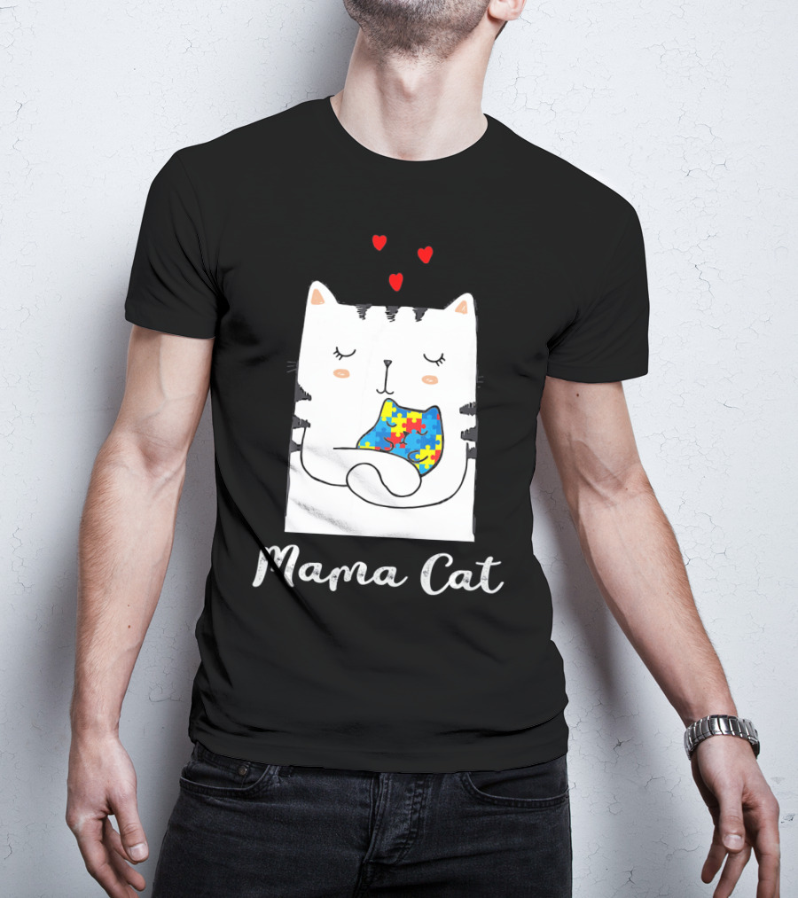 Proud Autism Awareness Mama Cat Hugging Puzzle Piece Hearts T-Shirt