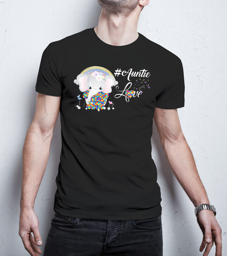 Auntie Love Autism Awareness Elephant With Colorful Puzzle Pattern And Rainbow T-Shirt