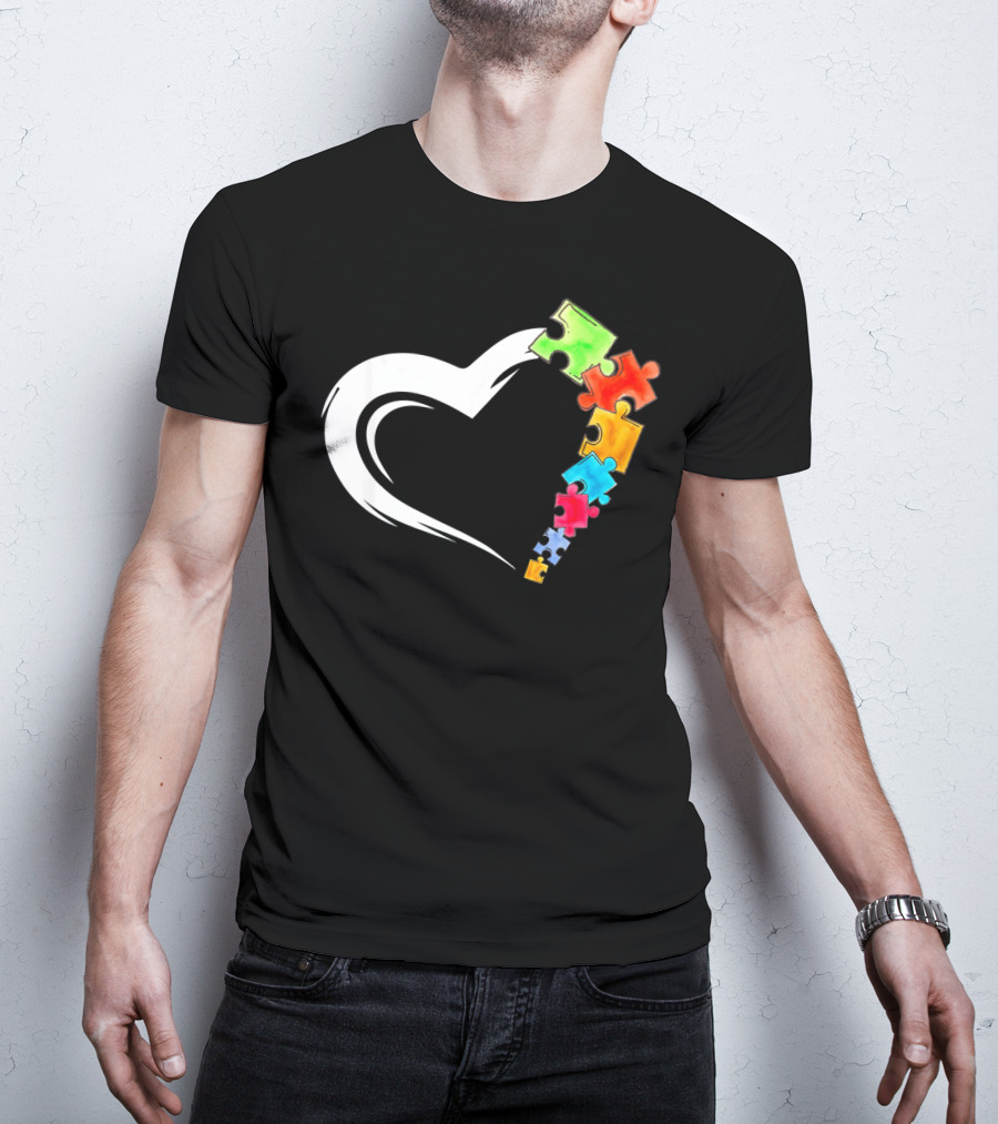 Autism Awareness Love Heart With Colorful Kind Puzzle Pieces T-Shirt
