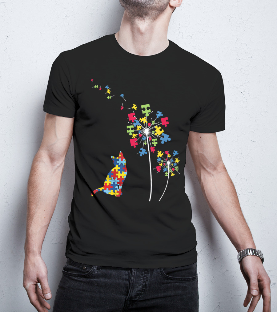 Colorful Puzzle Piece Cat And Dandelion Autism Awareness T-Shirt