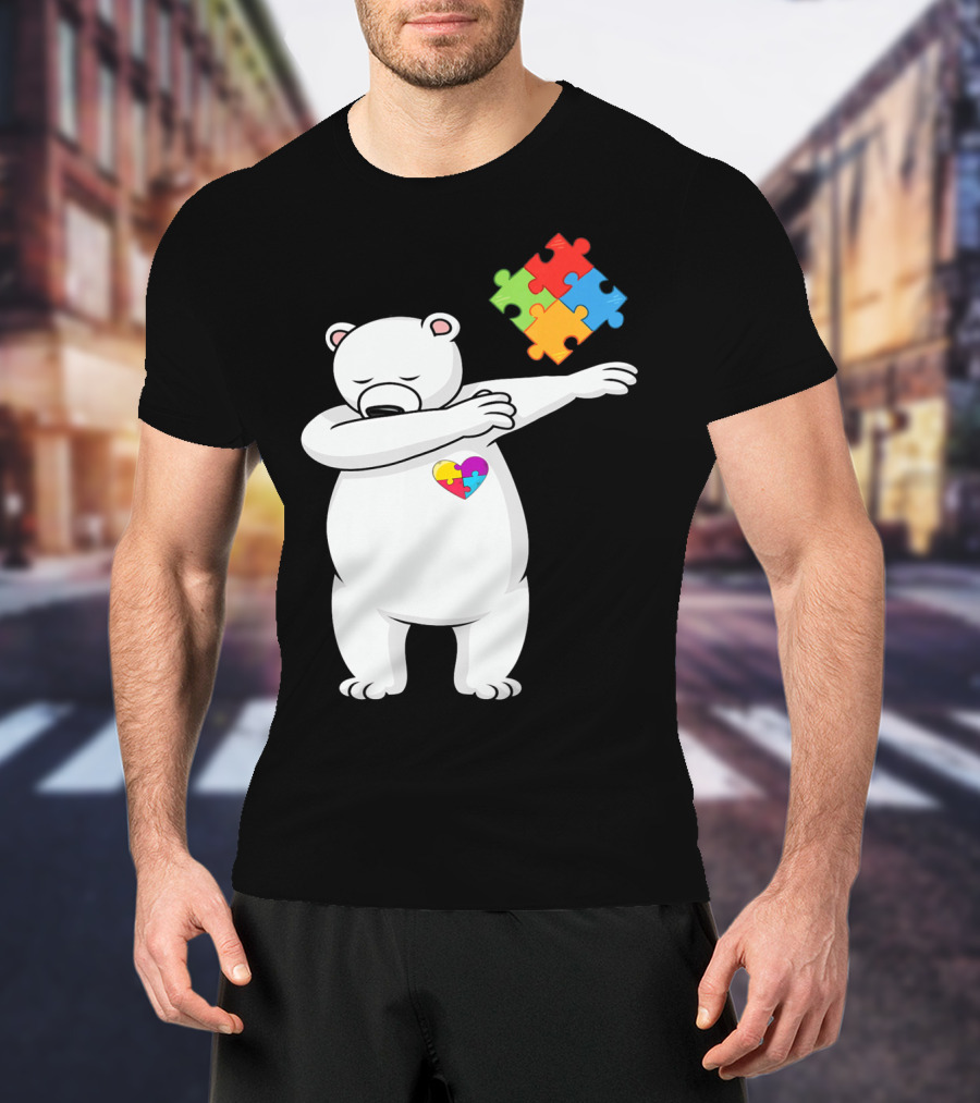 Dabbing Polar Bear Puzzle Piece Heart Autism Awareness T-Shirt