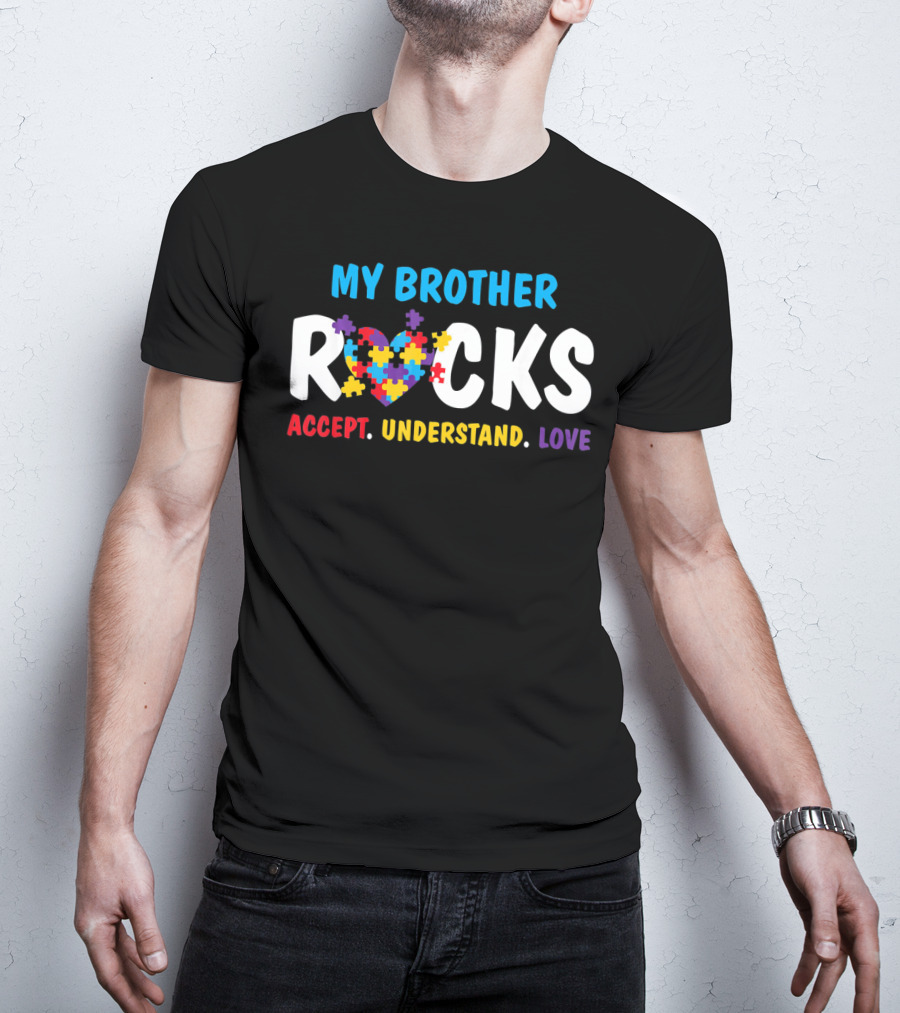 My Brother Rocks Accept Understand Love Puzzle Heart Autism Awareness T-Shirt