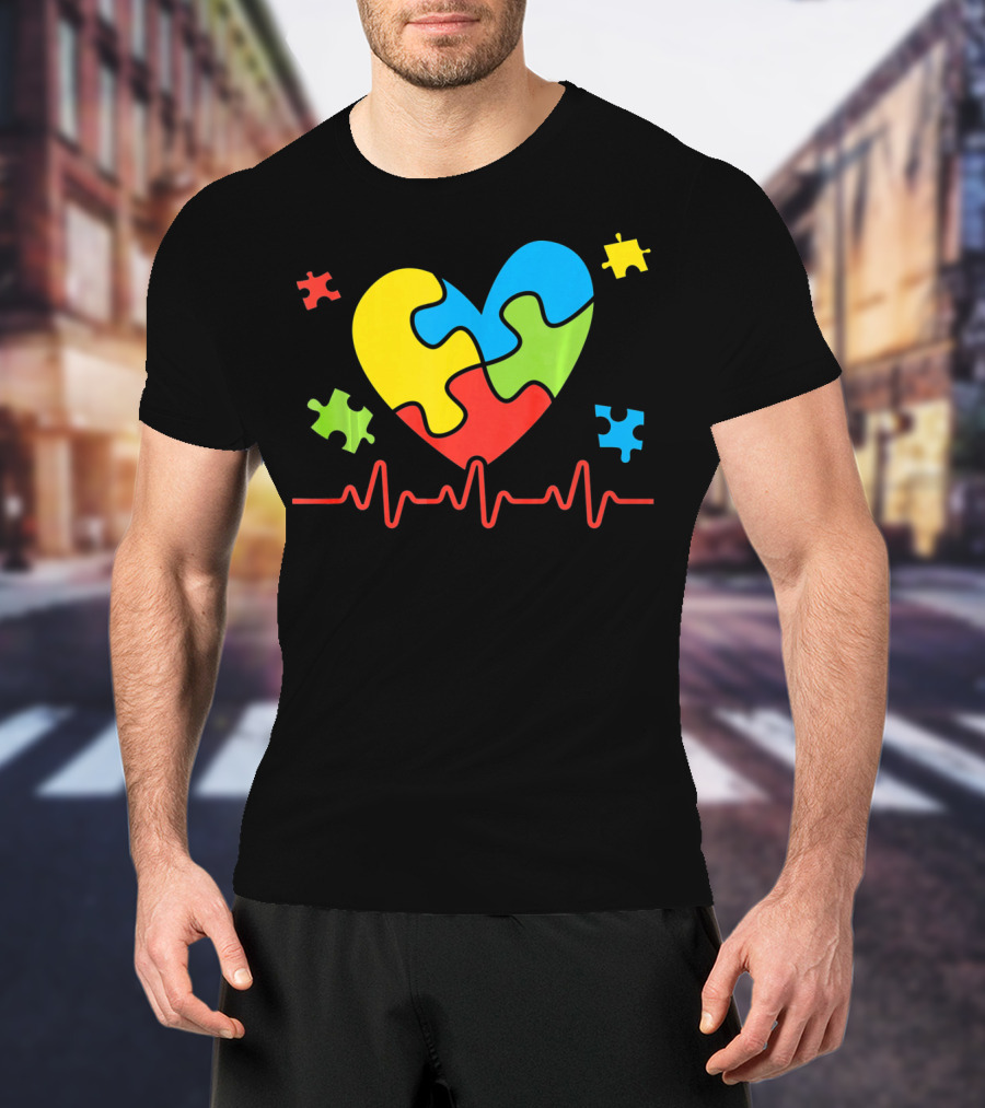Autism Awareness Heart Puzzle Piece With Heartbeat Line T-Shirt