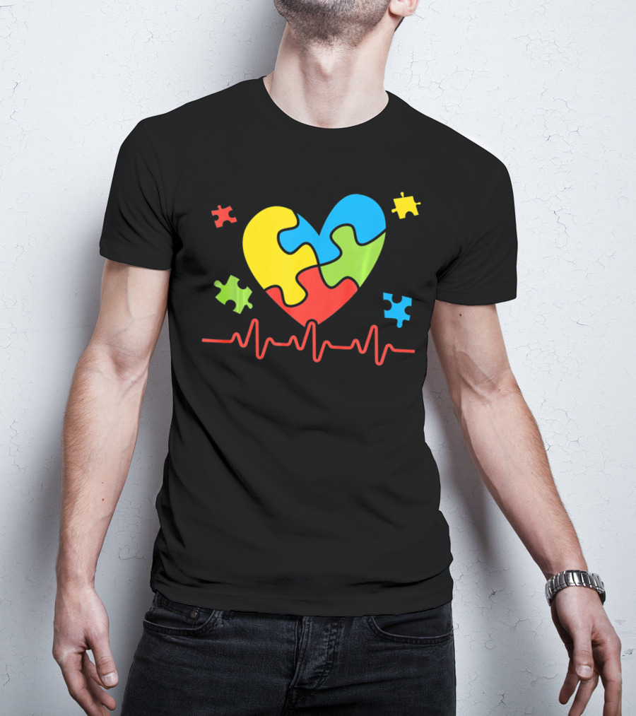 Autism Awareness Heart Puzzle Piece With Heartbeat Line T-Shirt