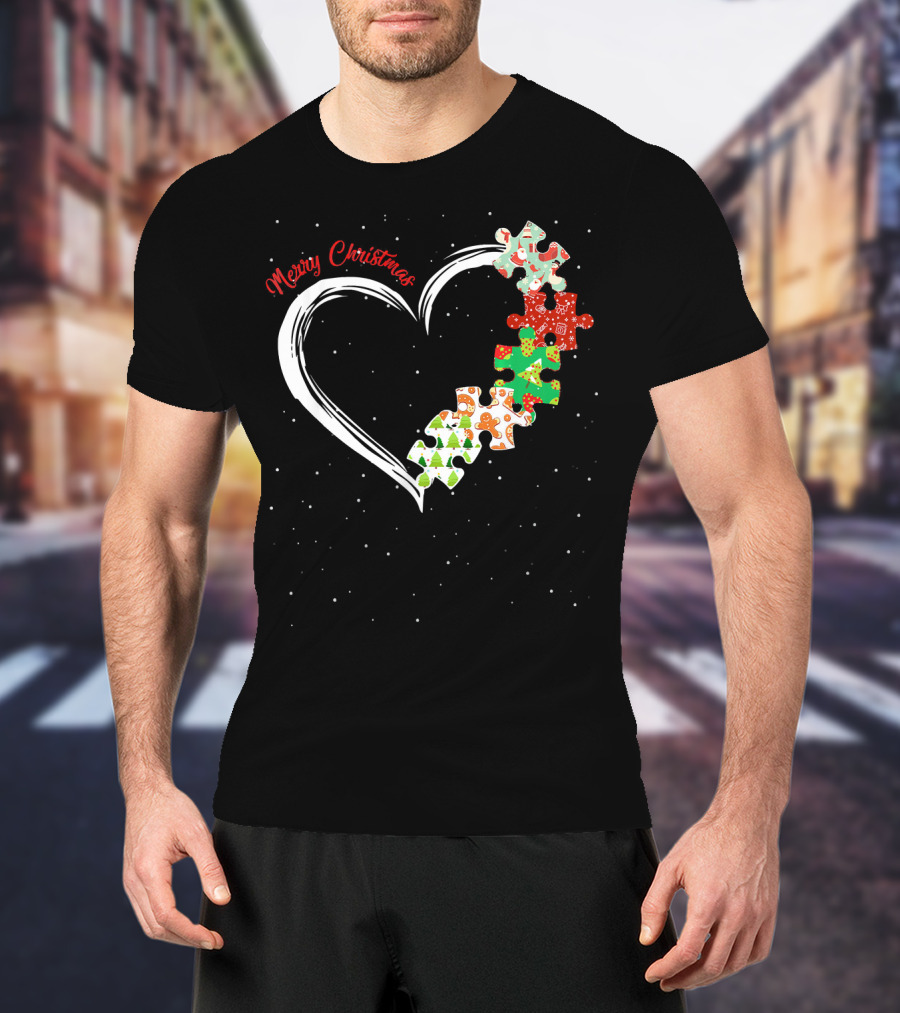 Merry Christmas Autism Awareness Heart Puzzle T-Shirt
