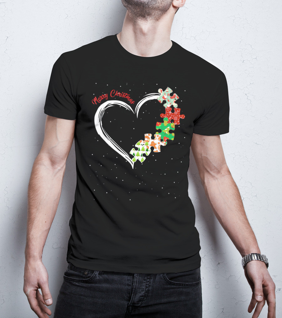 Merry Christmas Autism Awareness Heart Puzzle T-Shirt
