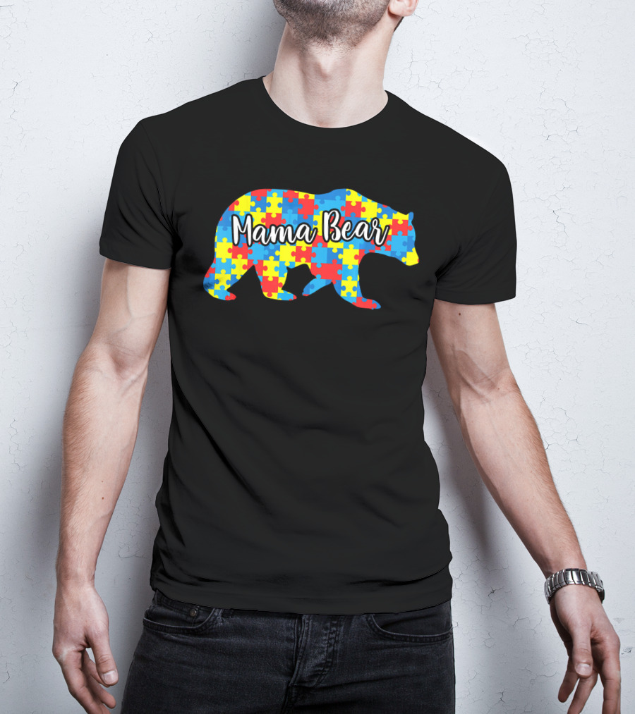 Mama Bear Autism Awareness Puzzle Pattern Love Support T-Shirt