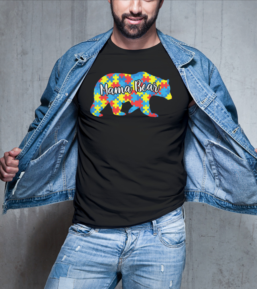 Mama Bear Autism Awareness Puzzle Pattern Love Support T-Shirt