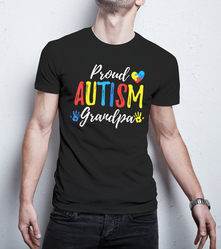 Proud Grandpa Autism Puzzle Heart Handprints T-Shirt