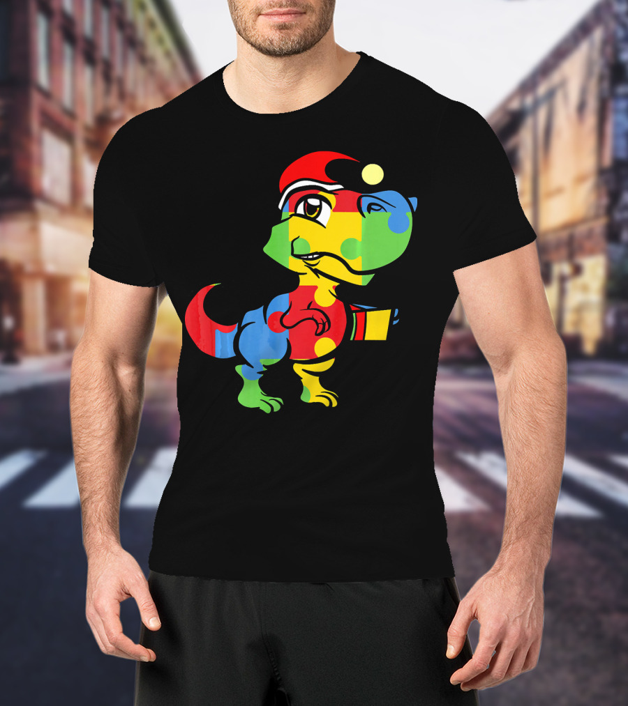 Funny Christmas Autism Awareness Santa Dinosaur Puzzle T-Shirt