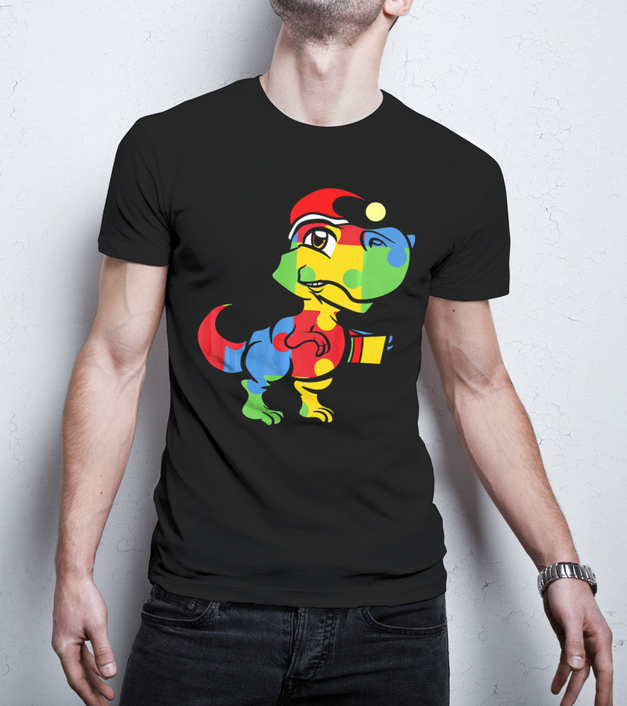 Funny Christmas Autism Awareness Santa Dinosaur Puzzle T-Shirt