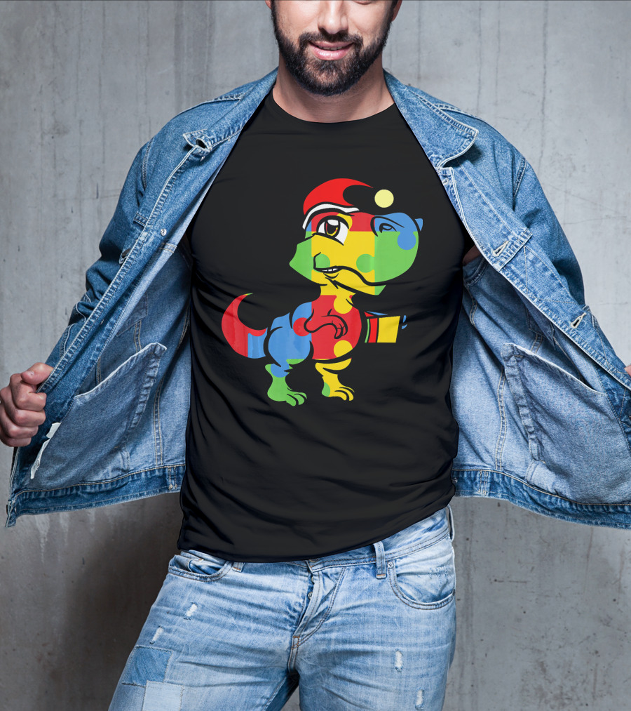 Funny Christmas Autism Awareness Santa Dinosaur Puzzle T-Shirt