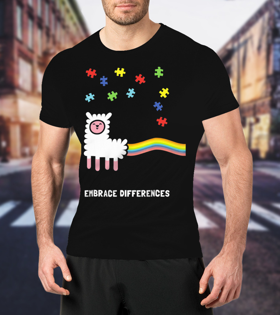 Embrace Differences Autism Awareness Llama Rainbow Puzzle Pieces T-Shirt