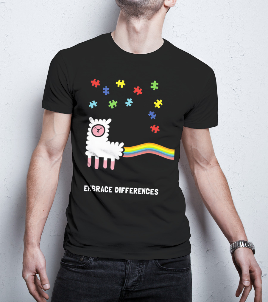 Embrace Differences Autism Awareness Llama Rainbow Puzzle Pieces T-Shirt