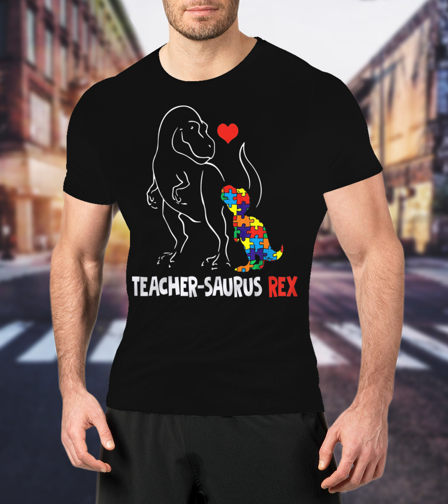 Teacher Saurus Rex Dinosaur With Heart And Colorful Puzzle T-Shirt