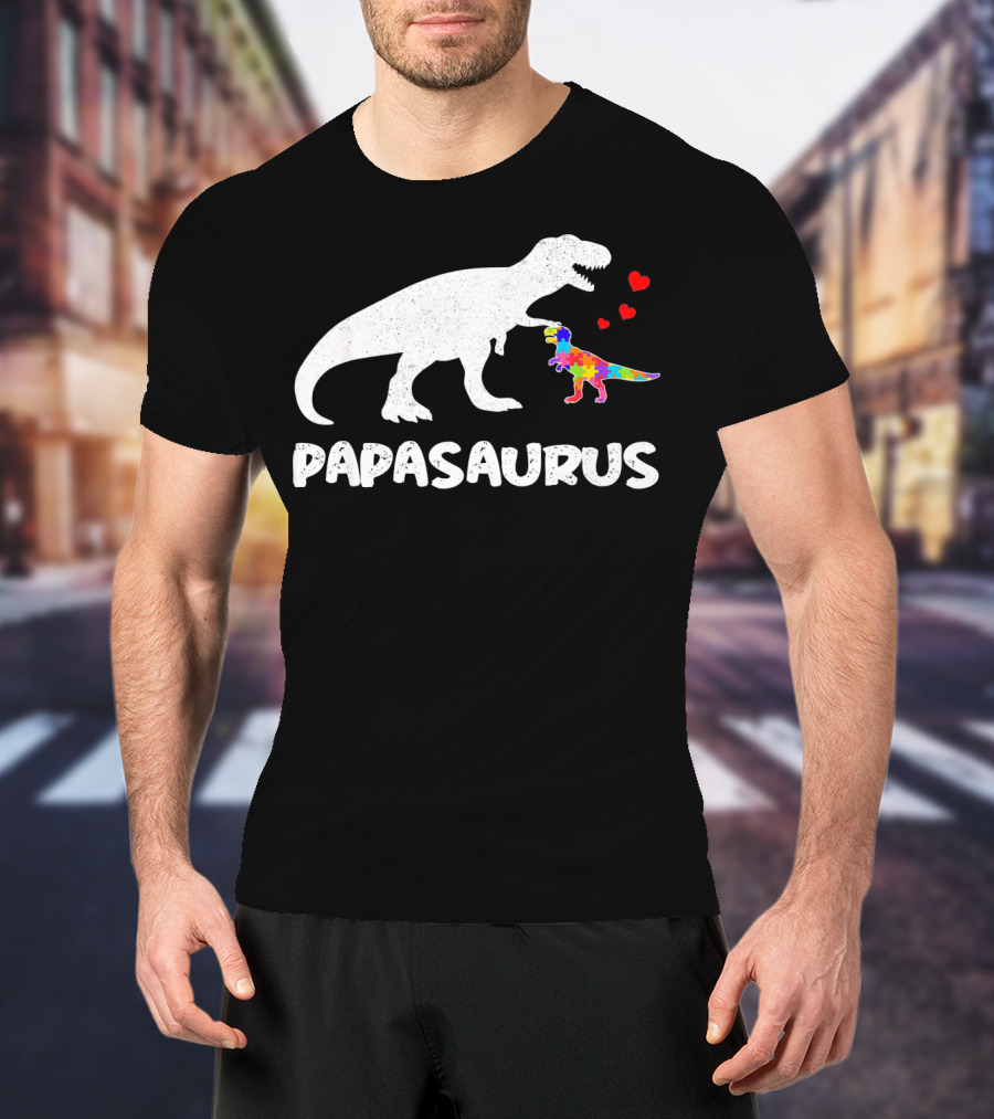 Papasaurus Dinosaur Puzzle Piece Autism Hearts T-Shirt