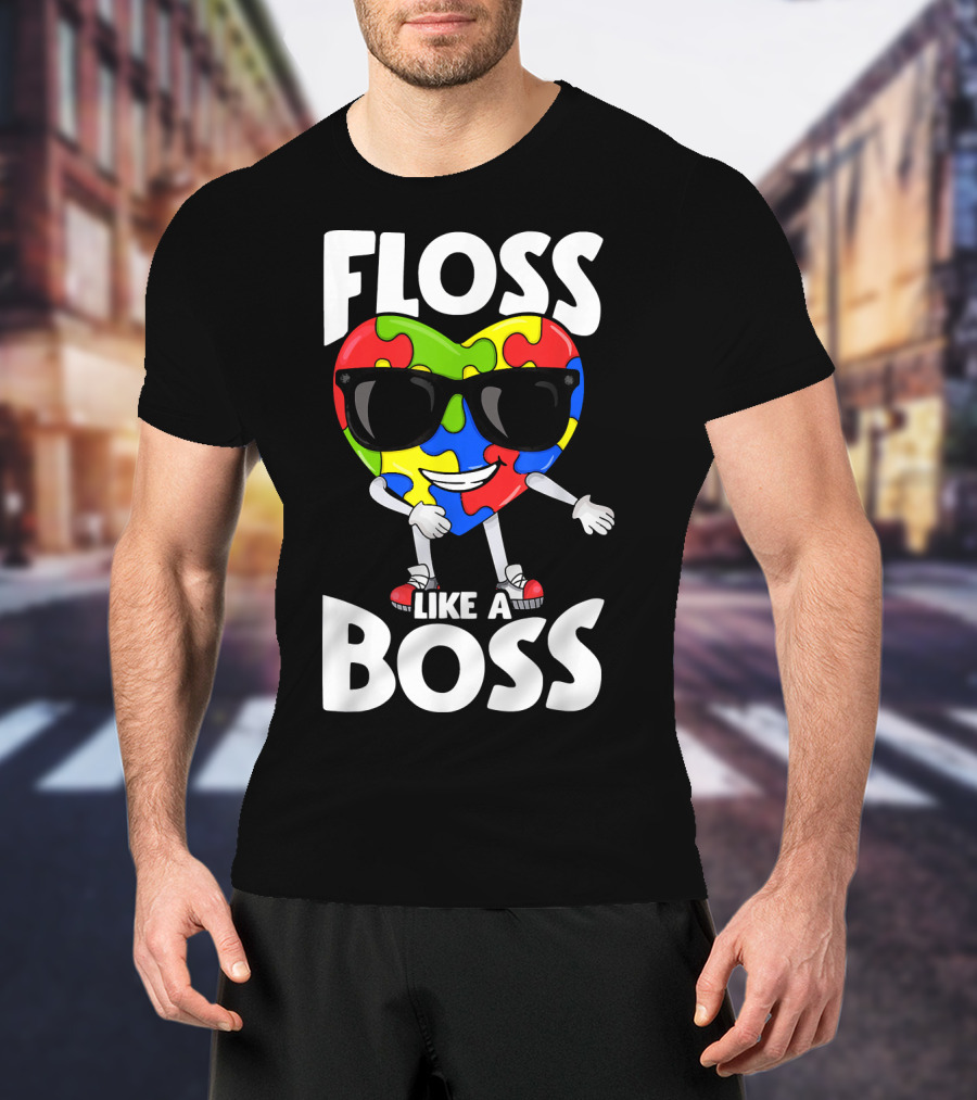Floss Like A Boss Heart With Puzzle Autism T-Shirt