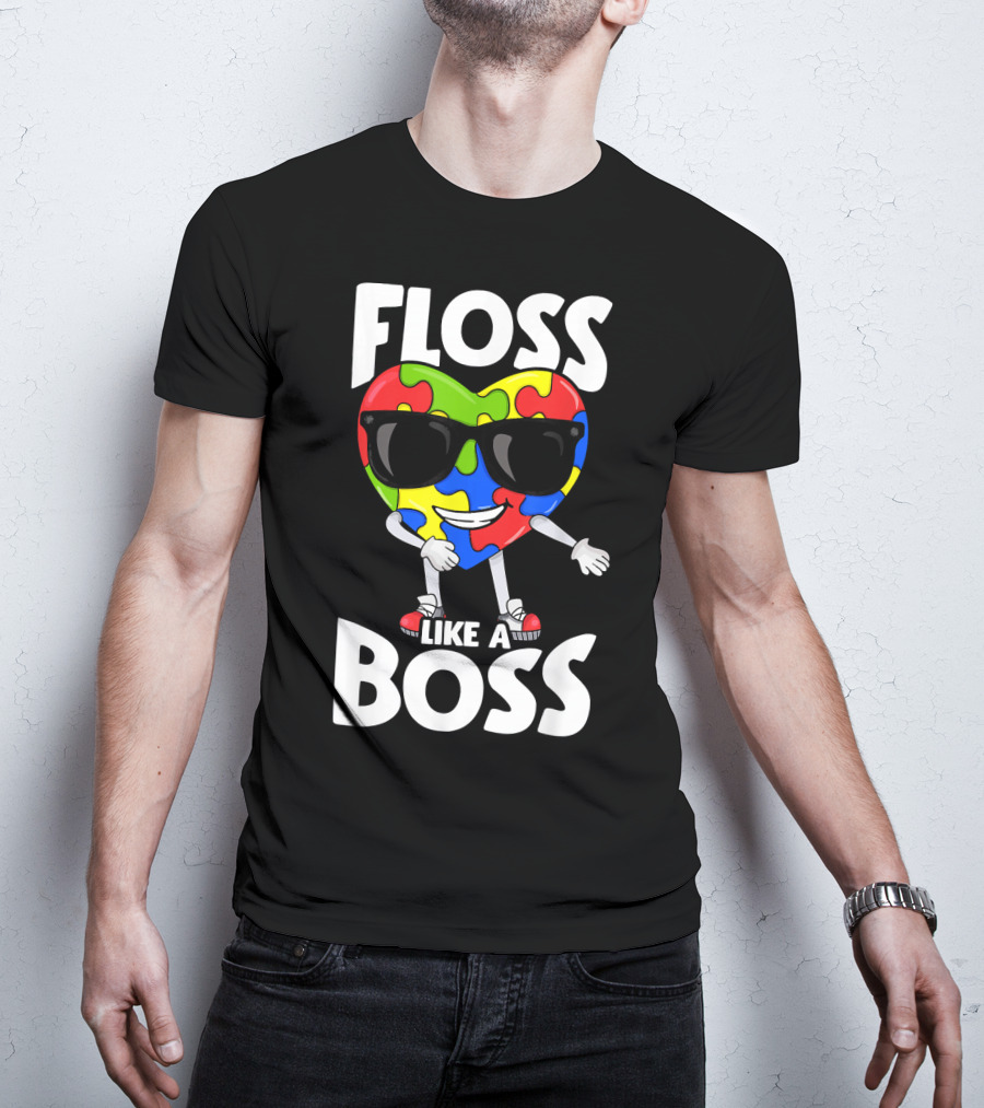 Floss Like A Boss Heart With Puzzle Autism T-Shirt
