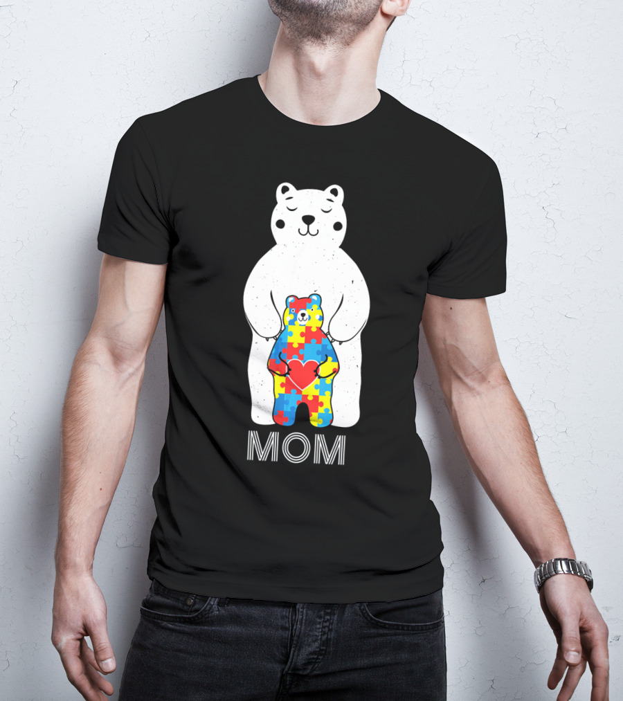 Mom Bear Holding Puzzle Heart Autism Awareness T-Shirt